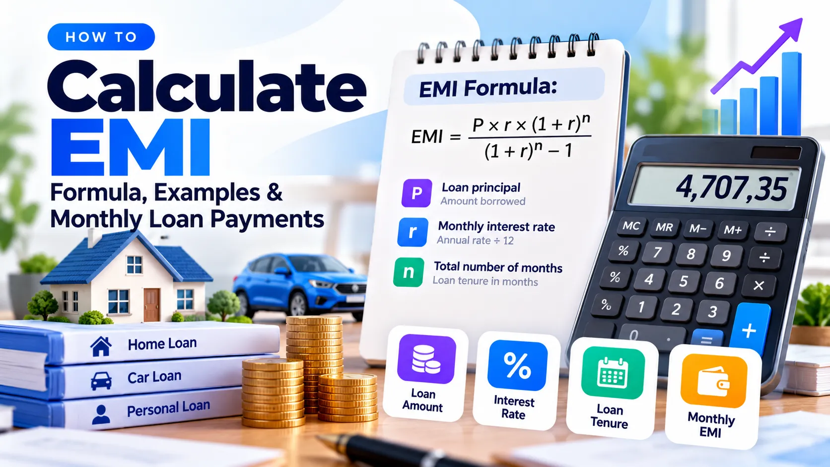 Illustrated EMI calculation guide showing loan principal, interest rate, repayment tenure, monthly payment and amortization