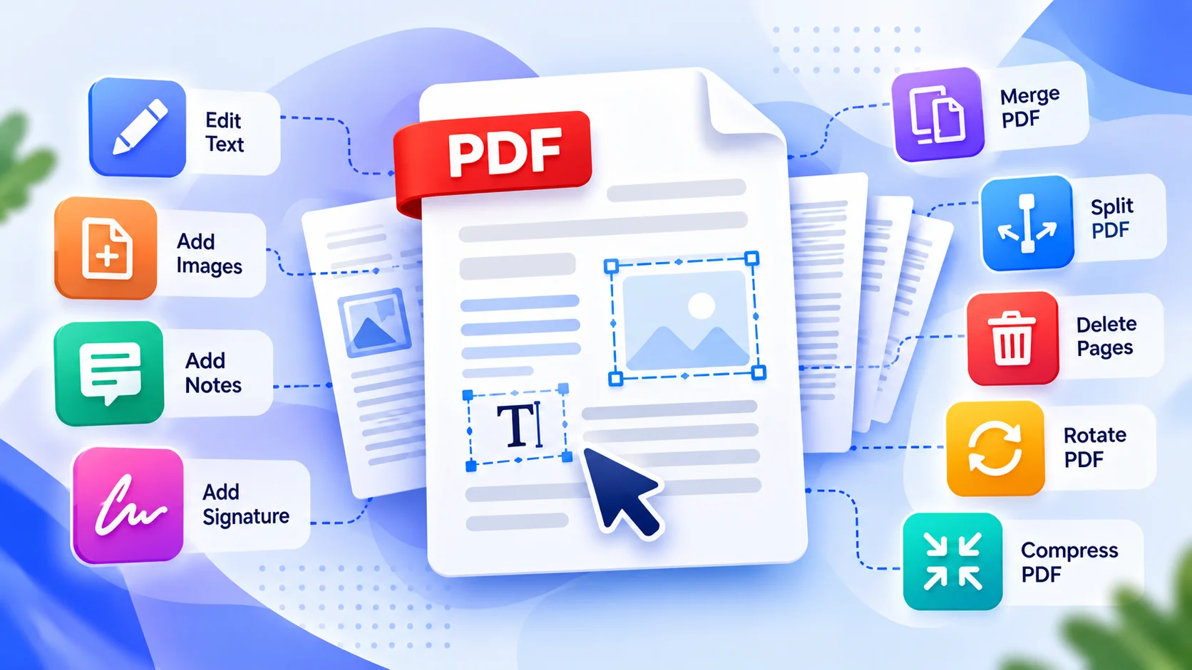 Illustration of a PDF document being edited with page organization, text annotation, and file tools